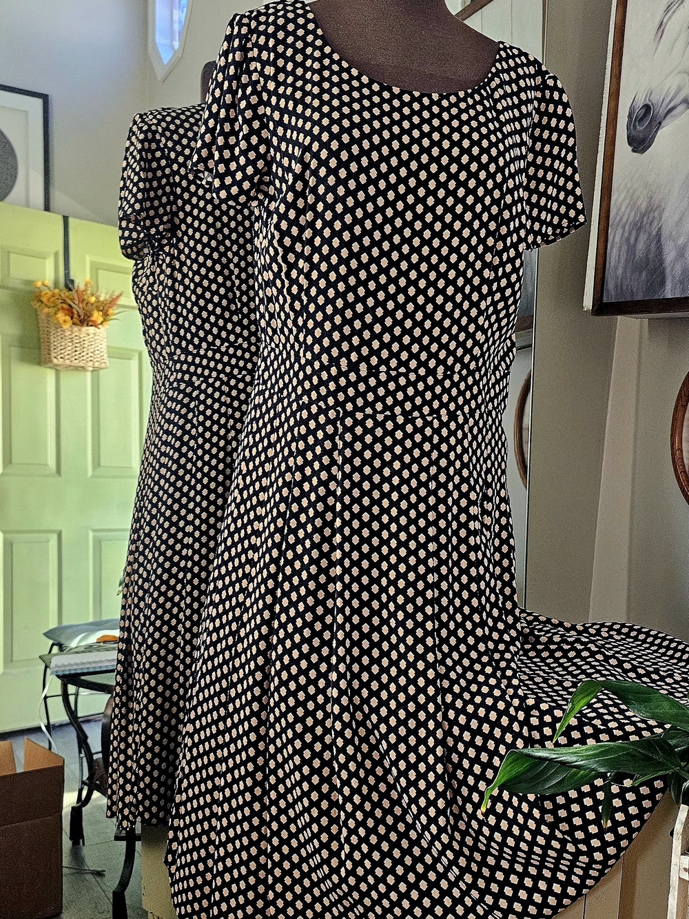 Talbots Black Midi Dress with Cream Diamond Print